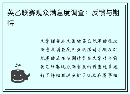 英乙联赛观众满意度调查：反馈与期待